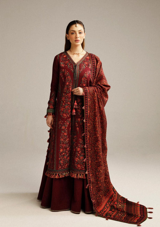 Hussain Rehar Maroon Embroidered Lawn Suit – Summer Collection